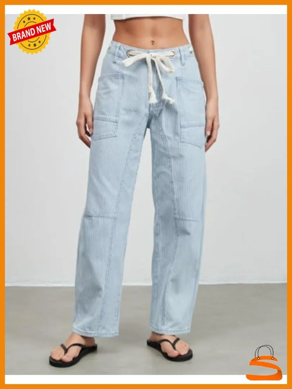 Striped Barrel Jeans Mid Rise Wide Leg Baggy Y2K Loose Drawstring Casual Pants